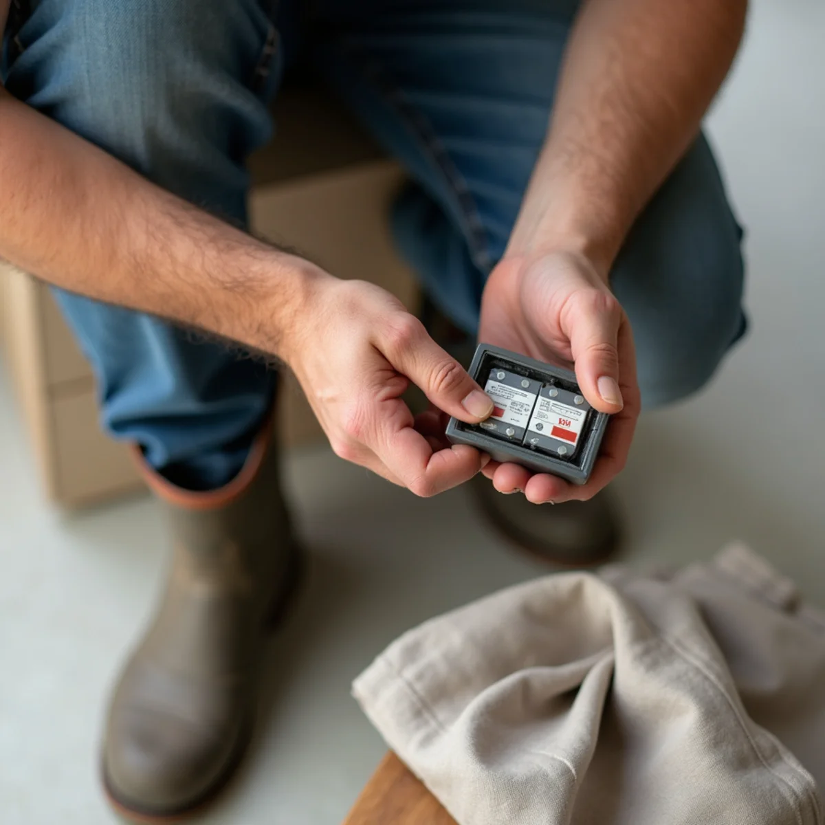 Homeowner safely shutting off main electrical circuit breaker during active roof leak