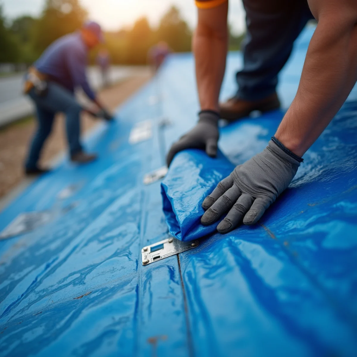 Repel Dry LLC licensed roofing technicians securing heavy duty emergency roof tarp with 2x4 furring strips