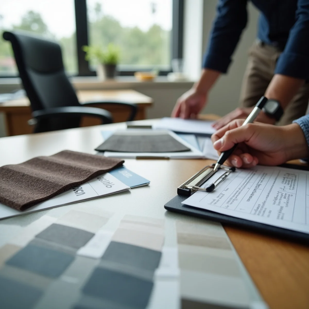 Florida roofing blueprints, roof inspection clipboard, and architectural shingle samples on contractor consultation table